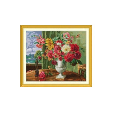 HA101JS Квіти перед вікном, 53x46 см. Joy Sunday. Набір для вишивки хрестиком на канві з нанесеним малюнком