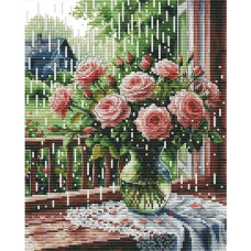 HA290JS Joy Sunday Набір для вишивки друкованим хрестиком - Троянди на підвіконні під дощем 27x33 см, Aida 14 ct (схема на канві)