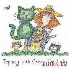 HC1301 Heritage Crafts Схема для вишивки рахунковим хрестиком - Підстригання кущів Topiary with Crazy Cat Lady 18x20 см, папір