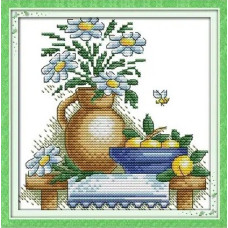 J134JS Чайник з квітами (3), 18х18 см. Joy Sunday. Набір для вишивки хрестиком на канві з нанесеним малюнком