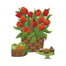 J138JS Тюльпани в кошику, 29x34 см. Joy Sunday. Набір для вишивки хрестиком на канві з нанесеним малюнком