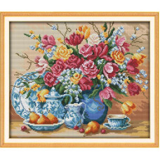 J145JS Квіти та фрукти, 38x33 см. Joy Sunday. Набір для вишивки хрестиком на канві з нанесеним малюнком