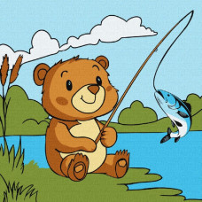 KHO1085 Ideyka Картина за номерами - Ведмедик риболов 25x25 см, (на підрамнику, Ідейка KHO1085) ©art_selena_ua