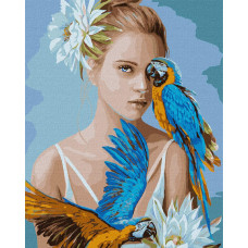 KHO4802 Дівчина з блакитними папугами © Ira Volkova. Ideyka. Картина за номерами (Ідейка КНО4802)
