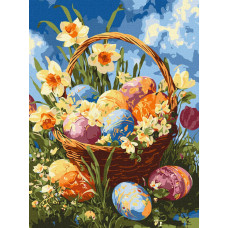 KHO5185 Ideyka Картина за номерами - Кошик із писанками та нарцисами 30x40 см, (на підрамнику, Ідейка KHO5185)