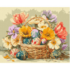 KHO5186 Ideyka Картина за номерами - Великодній кошик з квітами 40x50 см, (на підрамнику, Ідейка KHO5186) ©art_selena_ua