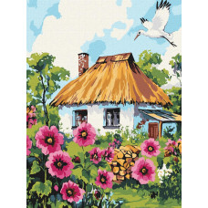 KHO6407 Ideyka Картина за номерами - Мальви біля хати 30x40 см (на підрамнику, Ідейка КНО-6407) ©art_selena_ua