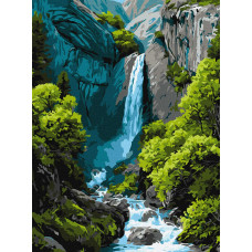 KHO6437 Ideyka Картина за номерами - Водоспад у горах 30x40 см, (на підрамнику, Ідейка KHO6437)