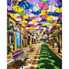 KHO6462 Ideyka Картина за номерами - Вулиця кольорових парасольок 50x40 см, (на підрамнику, Ідейка KHO6462) ©art_selena_ua