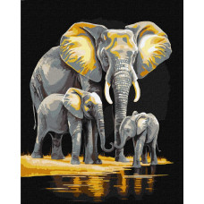 KHO6530 Сімейство слонів з фарбами металік extra ©art_selena_ua. Ideyka. Картина за номерами (Ідейка КНО-6530)