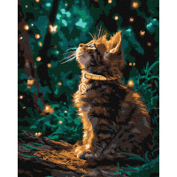 KHO6881 Ideyka Картина за номерами - Кошеня та світлячки 40x50 см, (на підрамнику, фарби металік extra, Ідейка KHO6881) ©art_selena_ua