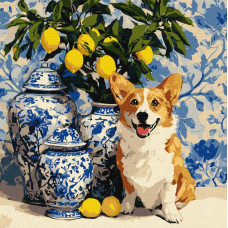 KHO6882 Ideyka Картина за номерами - Коргі та лимони 40x40 см, (на підрамнику, Ідейка KHO6882) ©art_selena_ua