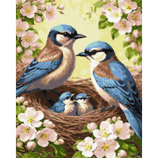 KHO6941 Ideyka Картина за номерами - Родина синиць у цвіті 50x40 см, (на підрамнику, Ідейка KHO6941) ©art_selena_ua