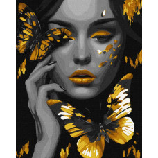 KHO8307 Дівчина із золотими метеликами з фарбами металік extra ©art_selena_ua. Ideyka. Картина за номерами (Ідейка КНО-8307)