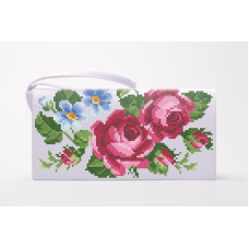 КЛ009шБ1301k Барвиста вишиванка Набір для вишивки бісером - Клатч Рожеві троянди, фіалки 21x13 см шовк, білий