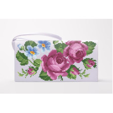 КЛ010кБ1301k Барвиста вишиванка Набір для вишивки бісером - Клатч Лілові троянди, фіалки 21x13 см атлас, білий