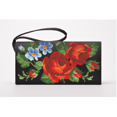 КЛ011дЧ1301i Барвиста вишиванка Набір для вишивки друкованим хрестиком - Клатч Пристрасні троянди, фіалки 21x13 см домоткане полотно, чорний