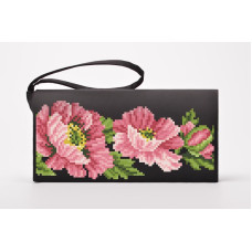 КЛ042лЧ1301i Барвиста вишиванка Набір для вишивки друкованим хрестиком - Клатч Маки рожеві 21x13 см льон, чорний