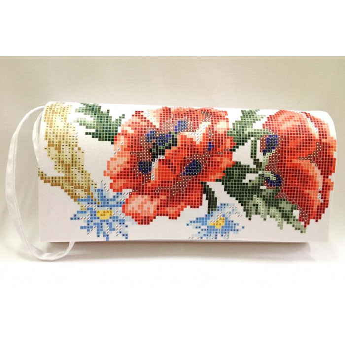 КЛ054лБ1301i Барвиста вишиванка Набір для вишивки друкованим хрестиком - Клатч Червоні маки, ромашки, колоски 21x13 см льон, білий