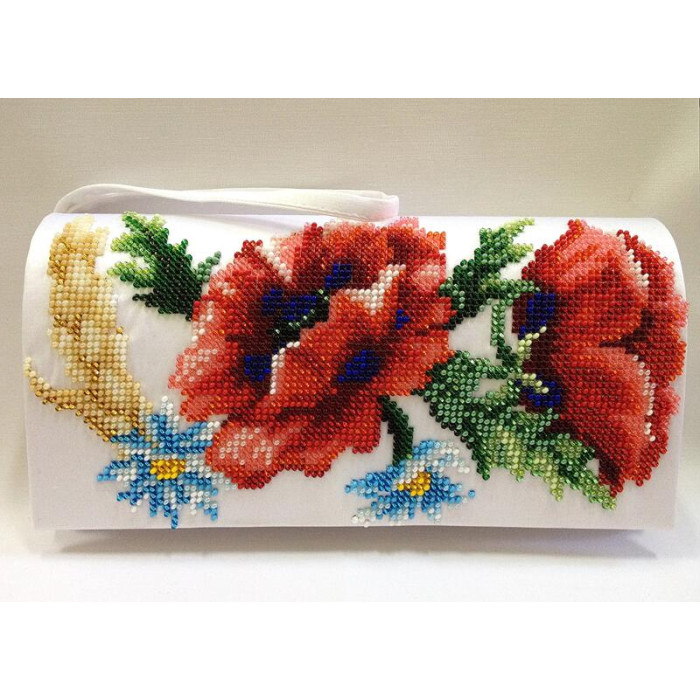 КЛ054пБ1301i Барвиста вишиванка Набір для вишивки друкованим хрестиком - Клатч Червоні маки, ромашки, колоски 21x13 см габардин, білий