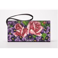 КЛ179кЧ1301i Барвиста вишиванка Набір для вишивки друкованим хрестиком - Клатч Фіалки і троянди 21x13 см атлас, чорний