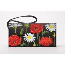 КЛ189дЧ1301i Барвиста вишиванка Набір для вишивки друкованим хрестиком - Клатч Ромашки і маки 21x13 см домоткане полотно, чорний