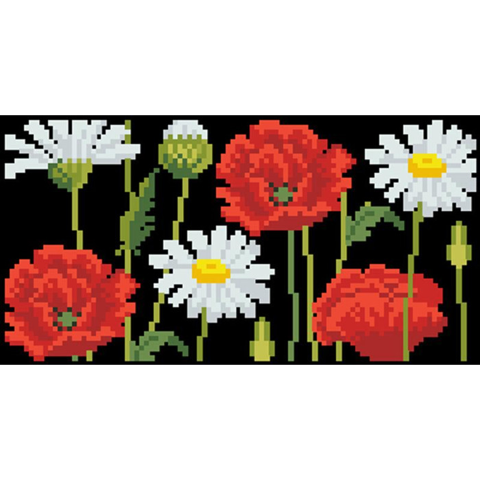 КЛ189кЧ1301i Барвиста вишиванка Набір для вишивки друкованим хрестиком - Клатч Ромашки і маки 21x13 см атлас, чорний