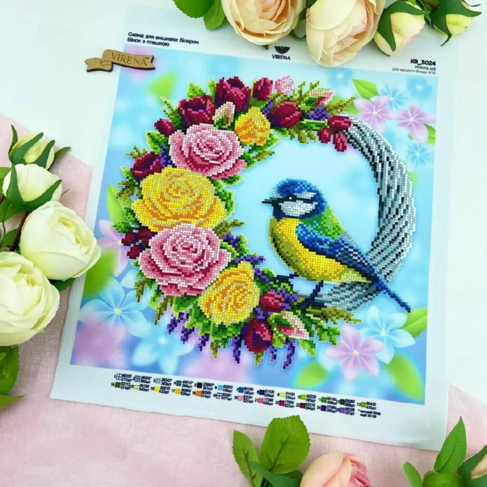 КВ_3024 Virena Заготовка для вишивки бісером - Вінок з пташкою 29,5x29,5см (габардин)