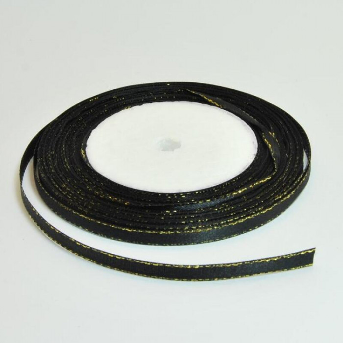 Стрічка атласна 0,6 см, чорна з люрексом, упаковка 23 метри