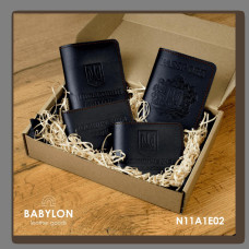 N11A1E02 Babylon Набір обкладинок: військовий квиток, УБД, посвідчення водія та Passport 26x17x5 см чорний, чисте тиснення, червона нитка, шкіра