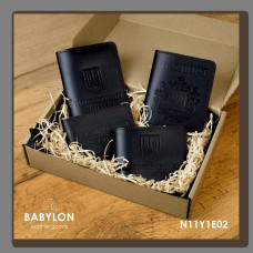 N11Y1E02 Babylon Набір обкладинок: військовий квиток, УБД, посвідчення водія та Паспорт 26x17x5 см чорний, чисте тиснення, червона нитка, шкіра