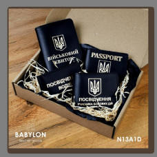 N13A1D Babylon Набір обкладинок: військовий квиток, УБД, посвідчення водія та ID-passport 26x17x5 см чорний, золоте тиснення, шкіра