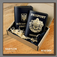 N1A1D04 Babylon Набір обкладинок: військовий квиток та Passport 18,5x12 см, 5x5 см чорний, золоте тиснення, жовта нитка, шкіра