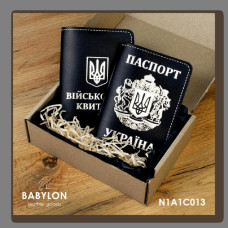 N1Y1C013 Babylon Набір обкладинок: військовий квиток та Паспорт 18,5x12 см, 5x5 см чорний, срібне тиснення, біла нитка, шкіра