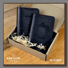 N1Y1E02 Babylon Набір обкладинок: військовий квиток та Паспорт 18,5x12 см, 5x5 см чорний, чисте тиснення, червона нитка, шкіра