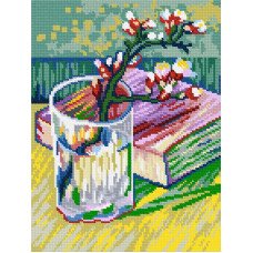 N2069 Чарівниця Набір для вишивки друкованим хрестиком - Гілка квітучого мигдалю в склянці з книгою В. ван Гог 19x26 см, Aida14