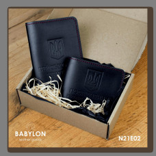 N21E02 Babylon Набір обкладинок: військовий квиток та УБД 18,5x12 см, 5x5 см чорний, тиснення в колір обкладинки, червона нитка, шкіра