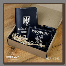 N3A1C013 Babylon Набір обкладинок: військовий квиток та ID-passport 18,5x12 см, 5x5 см чорний, срібне тиснення, біла нитка, шкіра