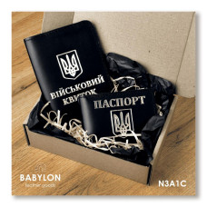 N3Y1C Babylon Набір обкладинок: військовий квиток та ID-passport 18,5x12 см, 5x5 см, шкіра (чорний, срібне тиснення, чорна нитка)
