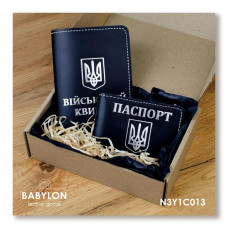 N3Y1C013 Babylon Набір обкладинок: військовий квиток та ID-passport 18,5x12 см, 5x5 см, шкіра (чорний, срібне тиснення, біла нитка)