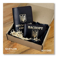 N3Y1D02 Babylon Набір обкладинок: військовий квиток та ID-passport 18,5x12 см, 5x5 см, шкіра (чорний, золоте тиснення, червона нитка)