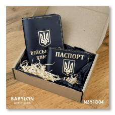 N3Y1D04 Babylon Набір обкладинок: військовий квиток та ID-passport 18,5x12 см, 5x5 см, шкіра (чорний,золоте тиснення, жовта нитка)