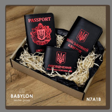 N7A1B Babylon Набір обкладинок: військовий квиток, УБД та Passport 26x17x5 см чорний, червоне тиснення, шкіра