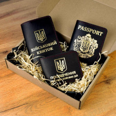 N7A1D02 Babylon Набір обкладинок: військовий квиток, УБД та Passport 26x17x5 см чорний, золоте тиснення, червона нитка, шкіра