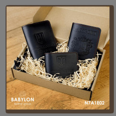 N7A1E02 Babylon Набір обкладинок: військовий квиток, УБД та Passport 26x17x5 см чорний, тиснення в колір обкладинки, червона нитка, шкіра