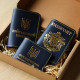N7A5D04 Babylon Набір обкладинок: військовий квиток, УБД та Passport 26x17x5 см, шкіра (синій, золоте тиснення, жовта нитка)