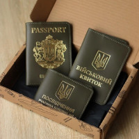N7A9D Babylon Набір обкладинок: військовий квиток, УБД та Passport 26x17x5 см, шкіра (хакі, золоте тиснення)