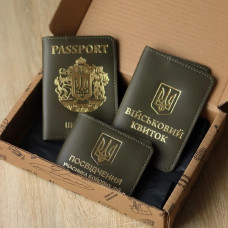 N7A9D Babylon Набір обкладинок: військовий квиток, УБД та Passport 26x17x5 см, шкіра (хакі, золоте тиснення)