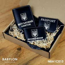 N8A1C013 Babylon Набір обкладинок: військовий квиток, УБД та ID-passport 26x17x5 см, шкіра (чорний, срібне тиснення, біла нитка)