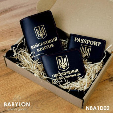N8A1D02 Babylon Набір обкладинок: військовий квиток, УБД та ID-passport 26x17x5 см, шкіра (чорний, золоте тиснення, червона нитка)